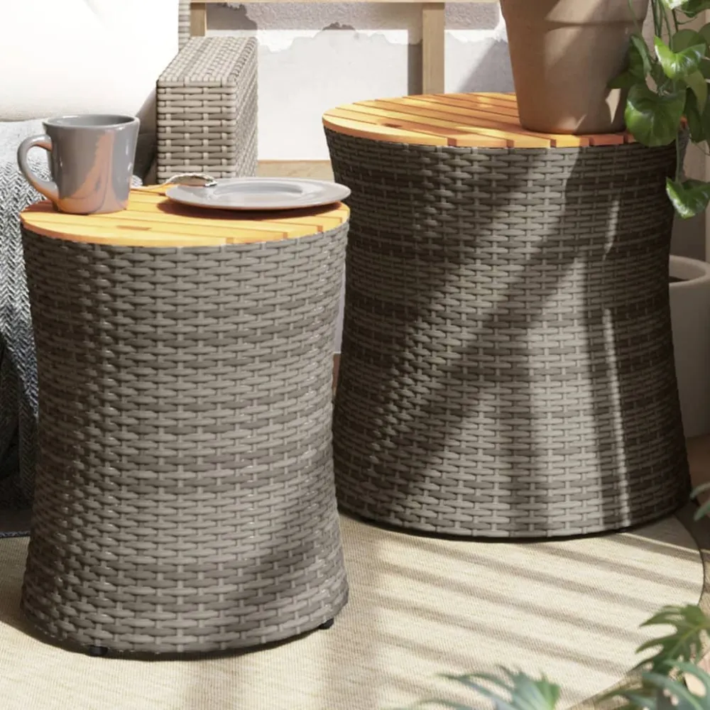 Tuinbijzettafels 2 st met houten blad poly rattan grijs vidaXL