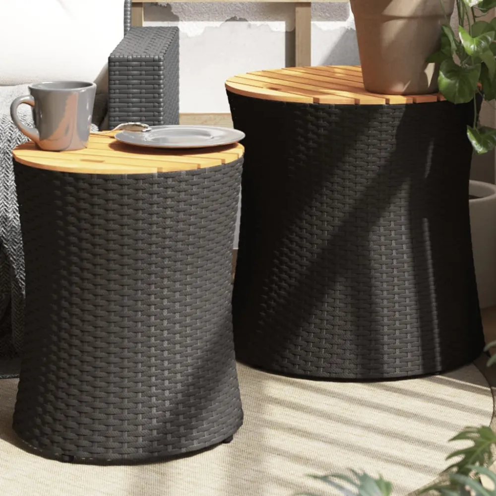 Tuinbijzettafels 2 st met houten blad poly rattan zwart vidaXL