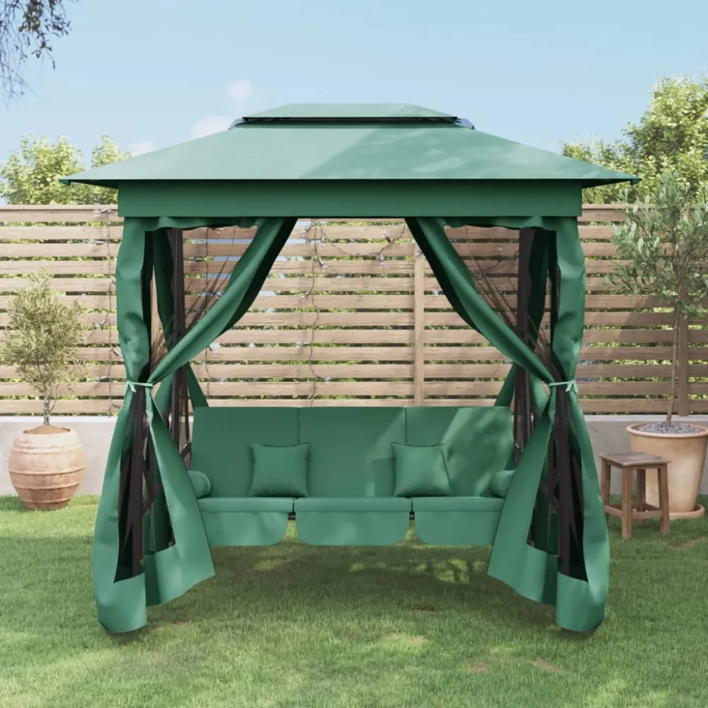 Tuinpaviljoen met schommelbank converteerbaar stof staal groen vidaXL