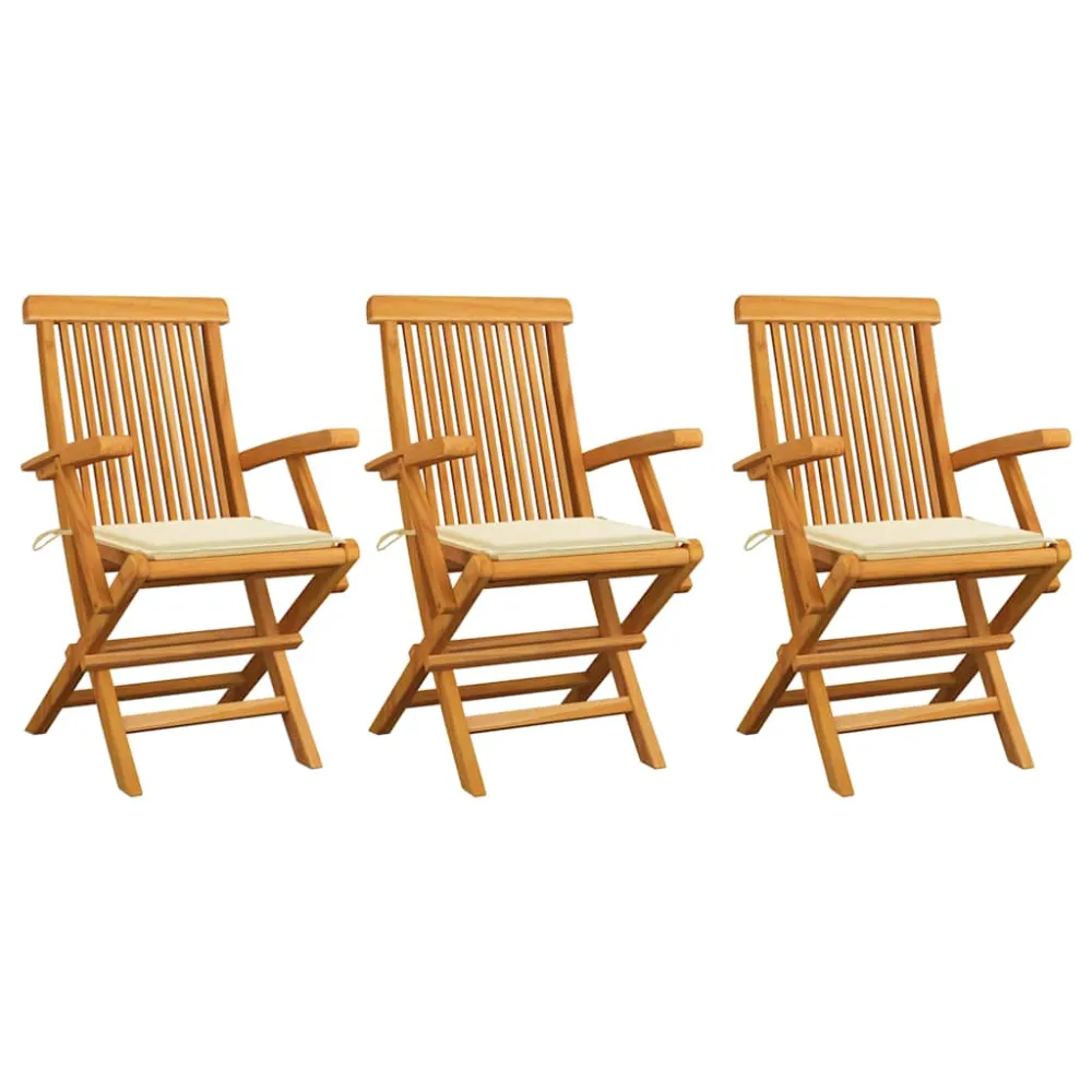 Tuinstoelen 3 st met crèmekleurige kussens massief teakhout vidaXL