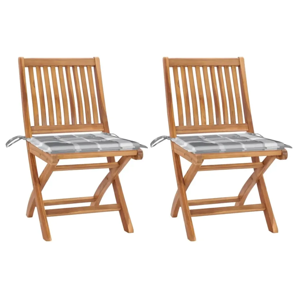 Tuinstoelen 2 st met grijs geruite kussens massief teakhout vidaXL