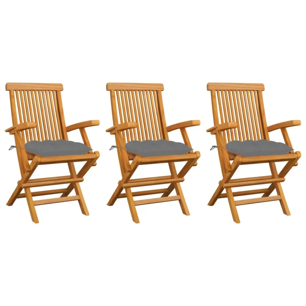 Tuinstoelen 3 st met grijze kussens massief teakhout vidaXL
