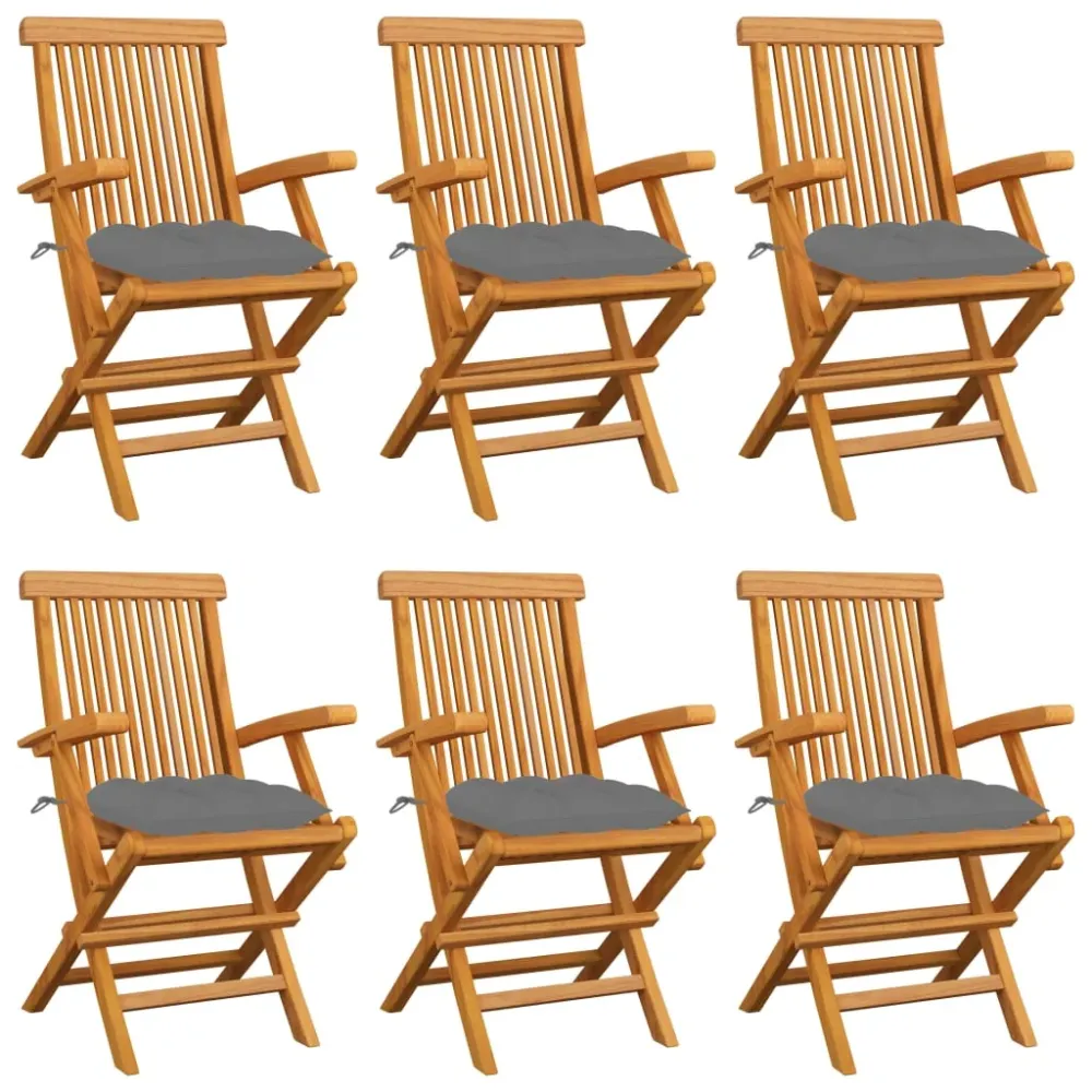 Tuinstoelen 6 st met grijze kussens massief teakhout vidaXL