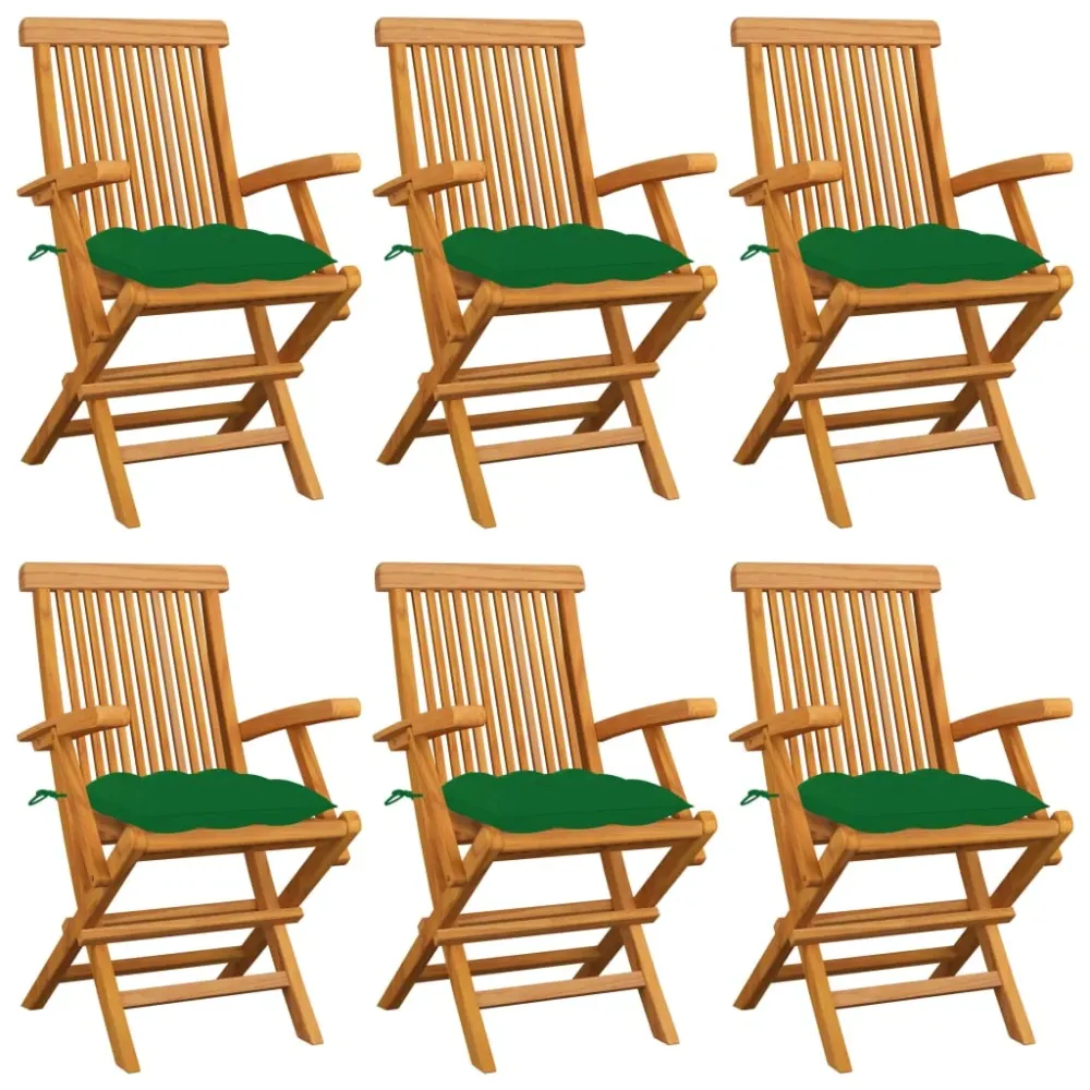 Tuinstoelen 6 st met groene kussens massief teakhout vidaXL