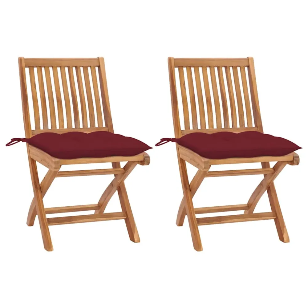 Tuinstoelen 2 st met wijnrode kussens massief teakhout vidaXL