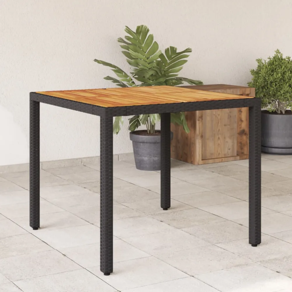 Tuintafel met acaciahouten blad 90x90x75 cm poly rattan zwart vidaXL