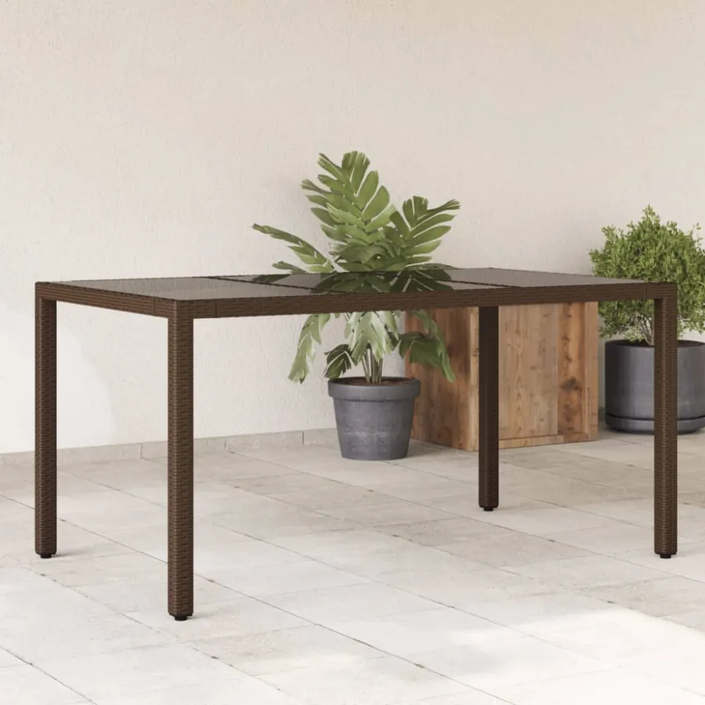 Tuintafel met glazen blad 150x90x75 cm poly rattan bruin vidaXL