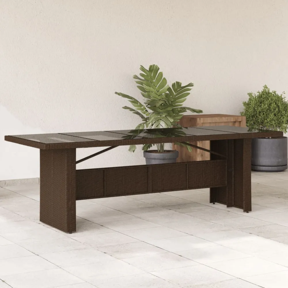 Tuintafel met glazen blad 240x90x75 cm poly rattan bruin vidaXL