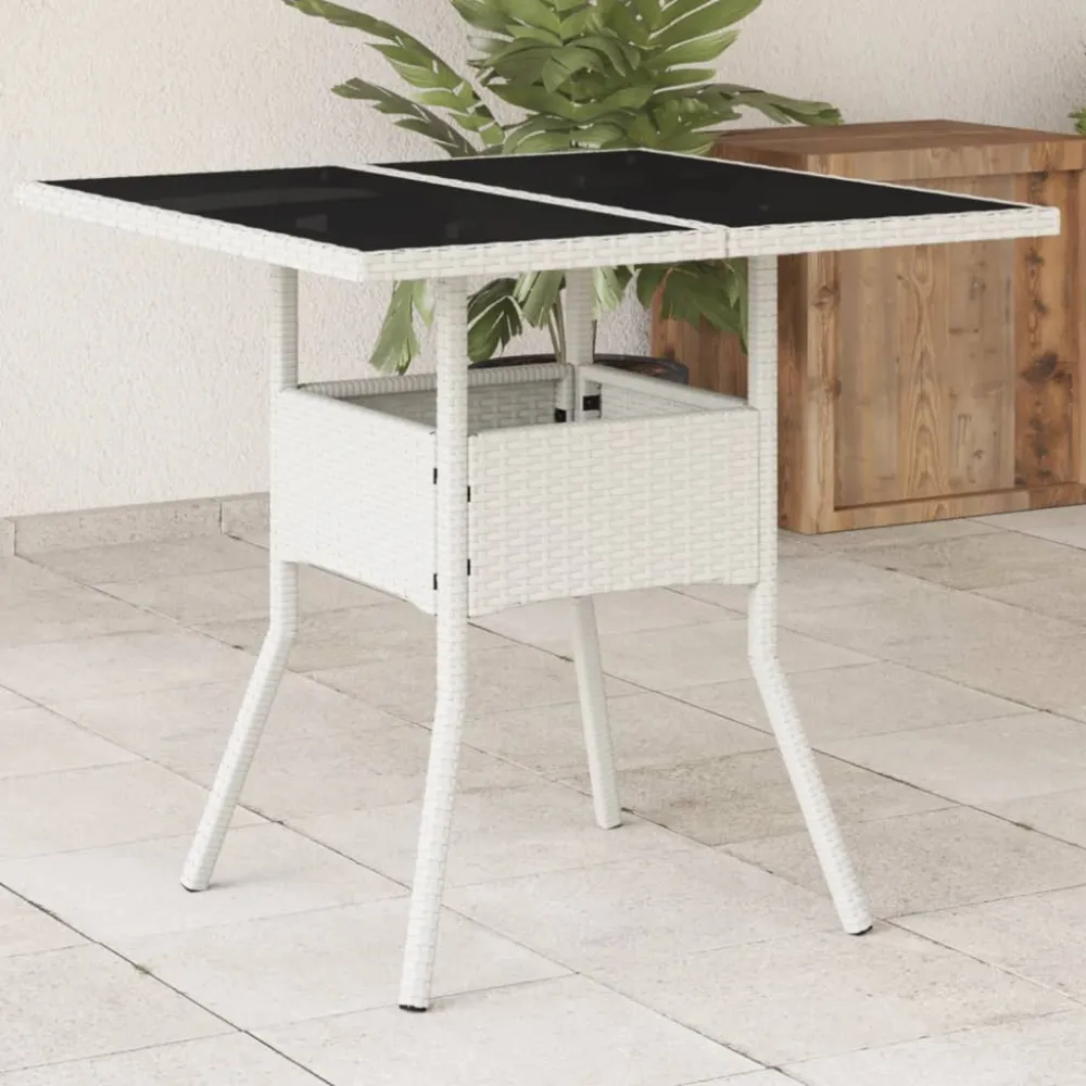 Tuintafel met glazen blad 80x80x75 cm poly rattan wit vidaXL