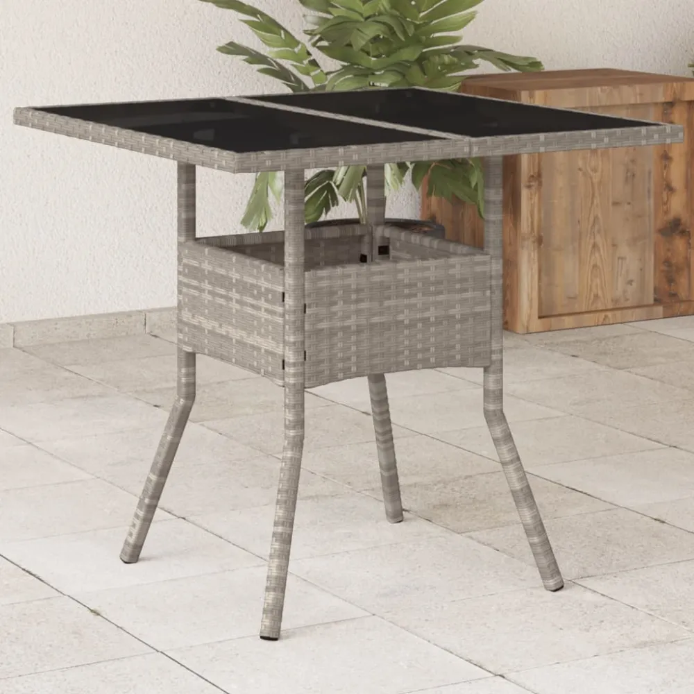 Tuintafel met glazen blad 80x80x75 cm poly rattan lichtgrijs vidaXL
