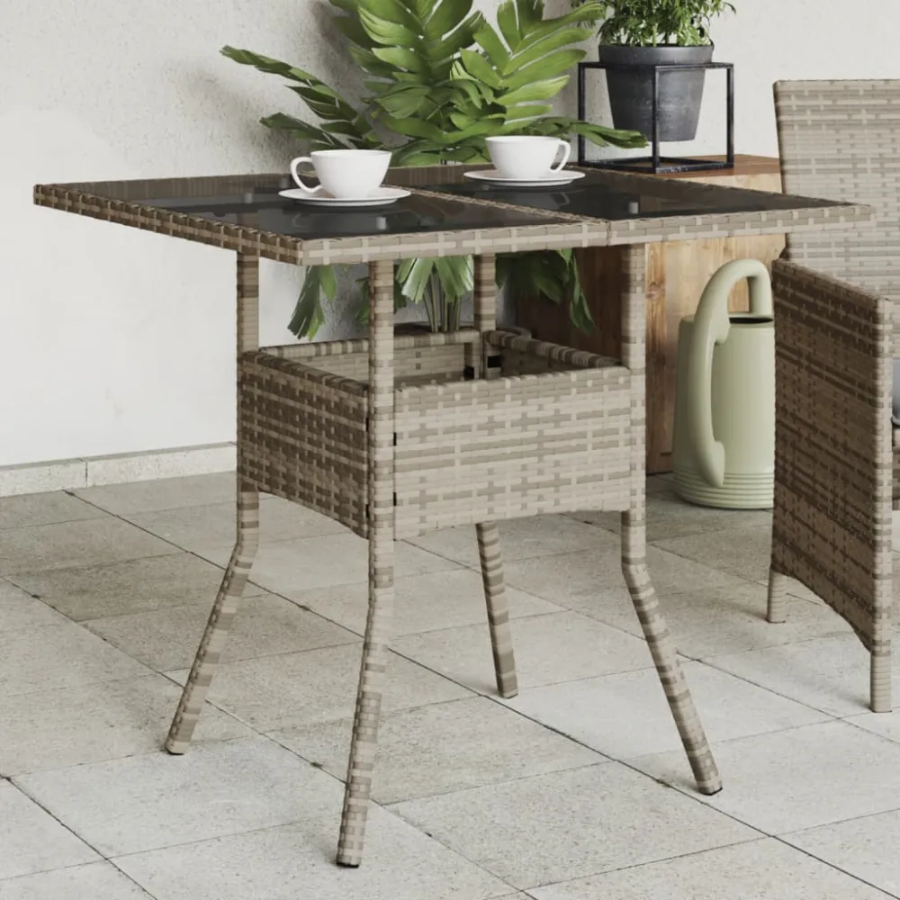 Tuintafel met glazen blad 80x80x75 cm poly rattan grijs vidaXL