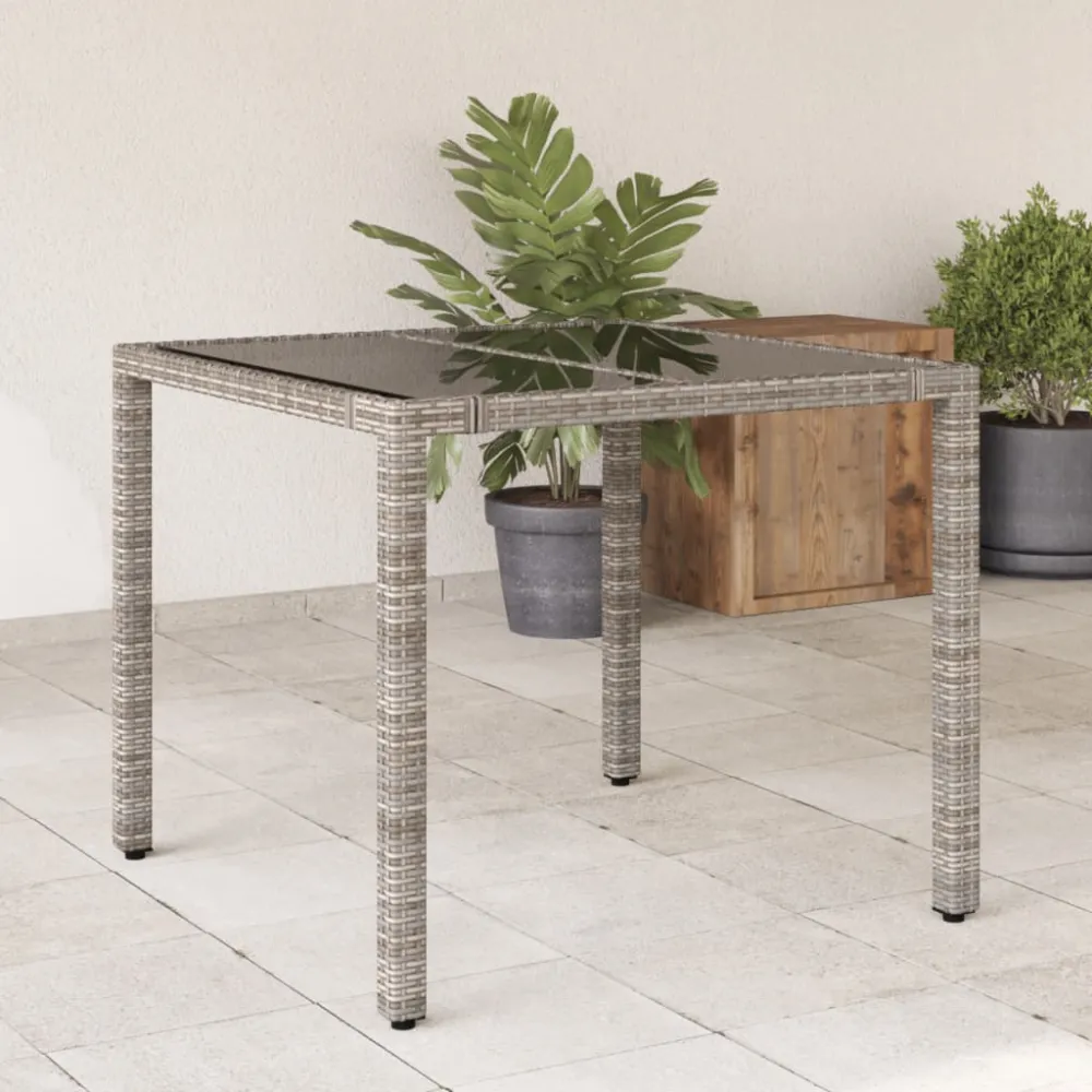 Tuintafel met glazen blad 90x90x75 cm poly rattan grijs vidaXL