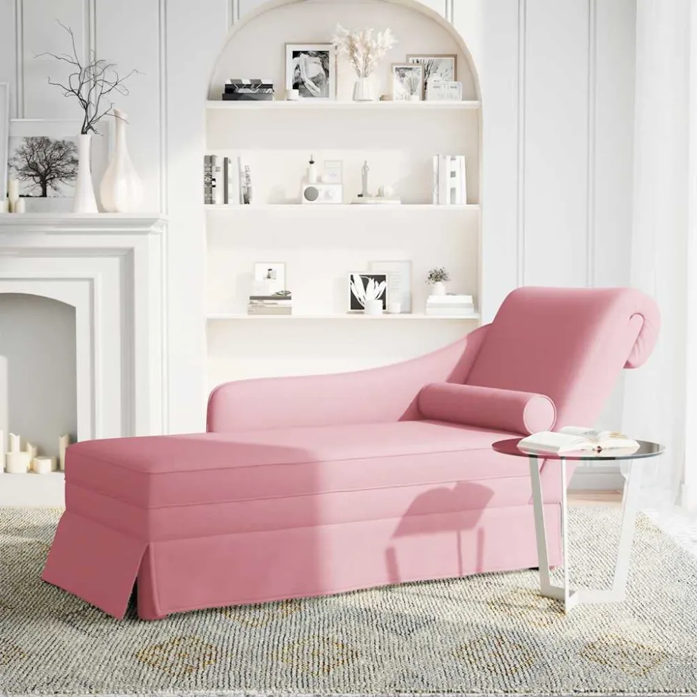 Chaise longue met bolster en rechterarmleuning fluweel roze