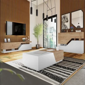 Woonkamerset "Ceelias" - Hoge buffetkast, salontafel en tv-meubel - Wit/Bruin Habitat et jardin