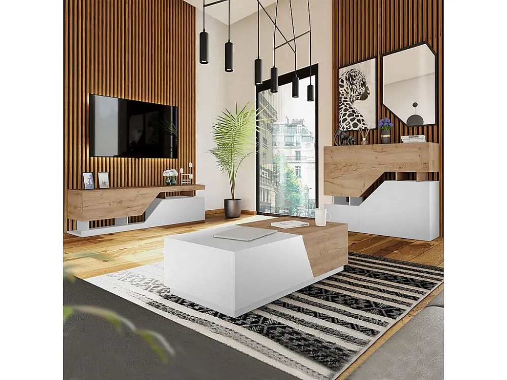Woonkamerset "Ceelias" - Hoge buffetkast, salontafel en tv-meubel - Wit/Bruin Habitat et jardin