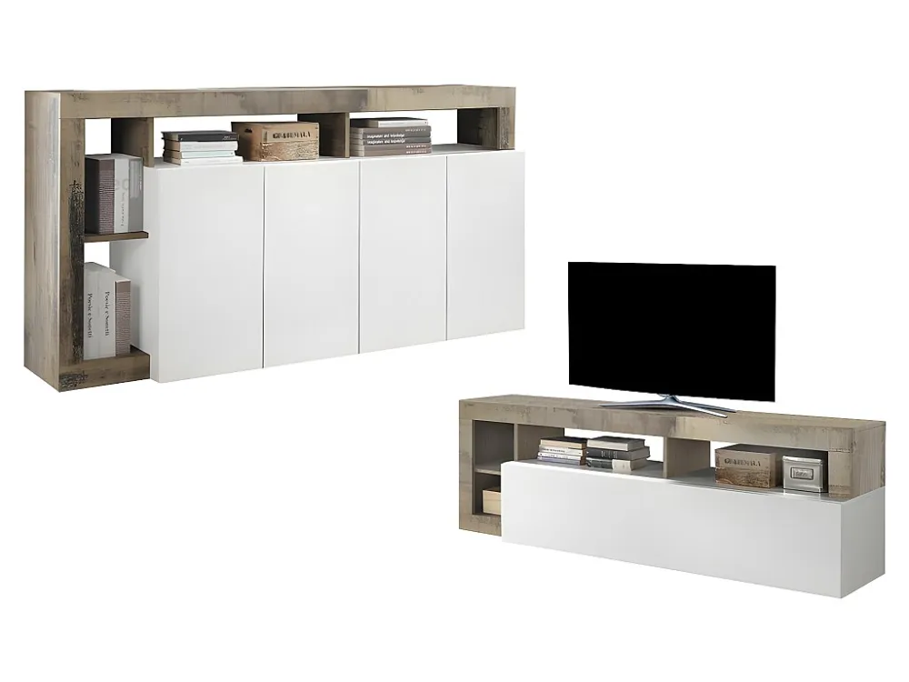 Set buffetkast + TV meubel - SEFRO - Eiken en wit gelakt - Koop nu eenvoudig online