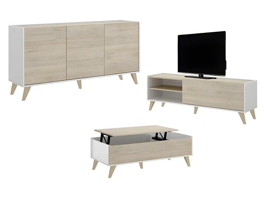 Set "scandinavische woonkamer" KOLYMA: Salontafel + TV-meubel + buffetkast - Wit / eiken