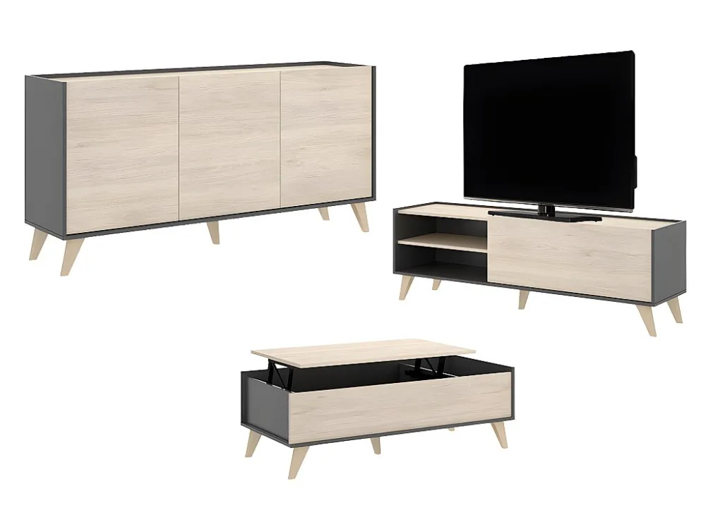 Set "scandinavische woonkamer" KOLYMA: Salontafel + TV-meubel + buffetkast - Antr./eiken