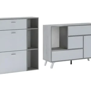 Entree set, woonkamer, bijzetmeubelen, cement/wit buffet- schoenenkast Skraut Home