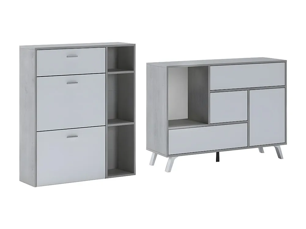 Entree set, woonkamer, bijzetmeubelen, cement/wit buffet- schoenenkast Skraut Home