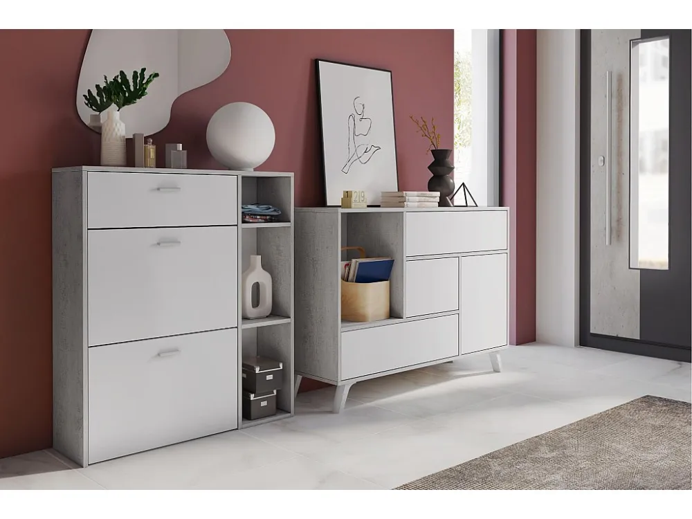 Entree set, woonkamer, bijzetmeubelen, cement/wit buffet- schoenenkast Skraut Home