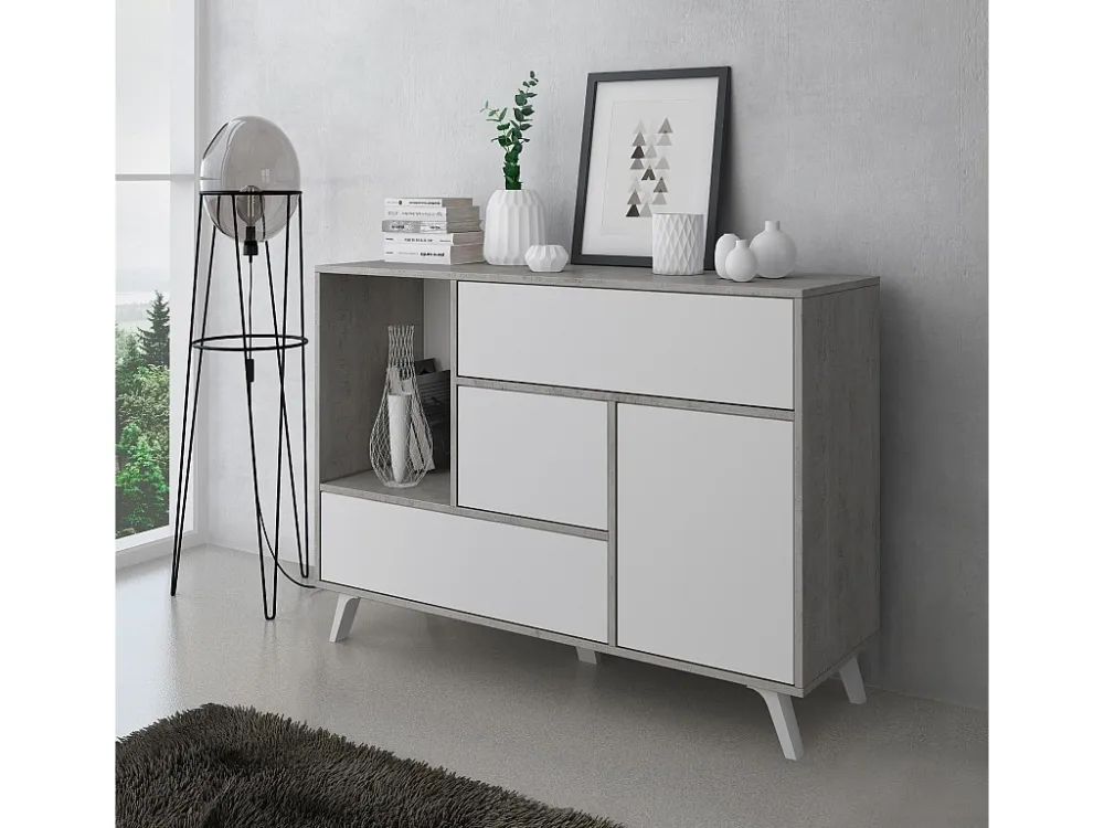 Entree set, woonkamer, bijzetmeubelen, cement/wit buffet- schoenenkast Skraut Home