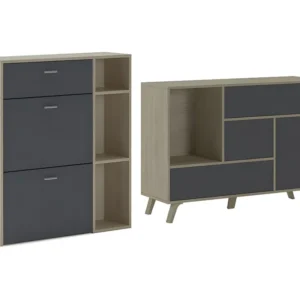 Entree set, woonkamer, bijzetmeubelen, eik/grijs buffet- schoenenkast Skraut Home