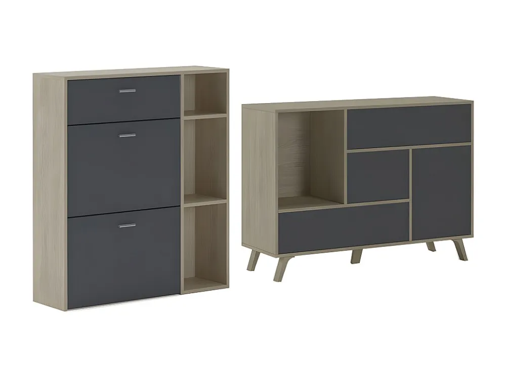 Entree set, woonkamer, bijzetmeubelen, eik/grijs buffet- schoenenkast Skraut Home
