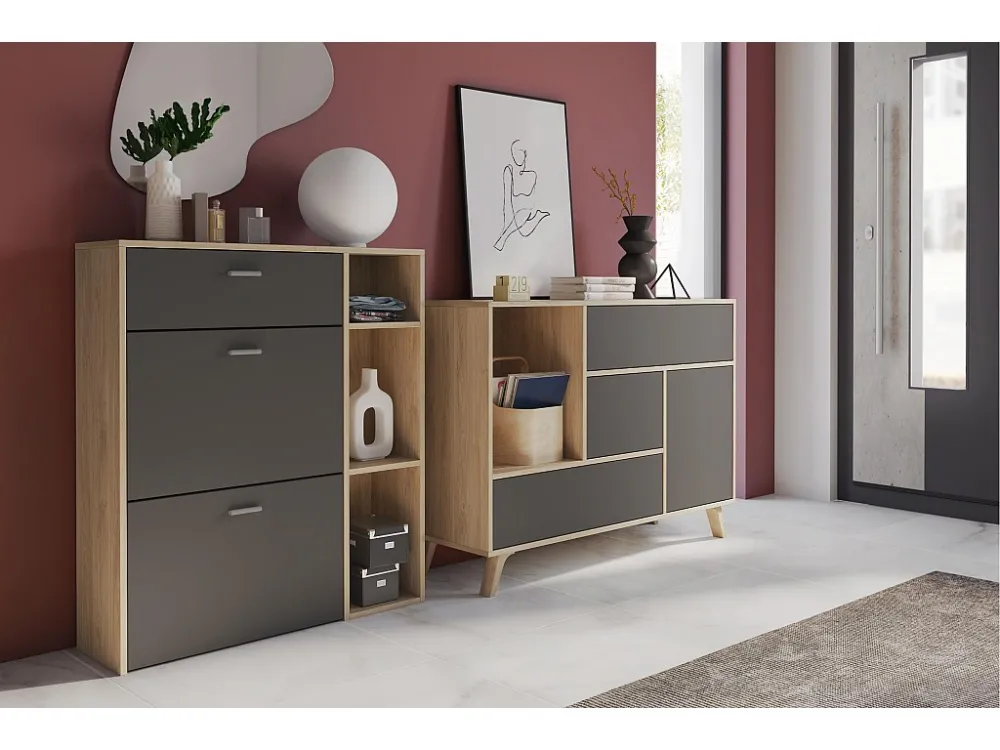 Entree set, woonkamer, bijzetmeubelen, eik/grijs buffet- schoenenkast Skraut Home