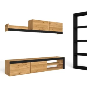 Modulaire woonkamer set, IDEM- en totem -model, 200x40x180cm / 60x25x181cm, Tv -meubels en plank, Eik en zwart, Industriël...
