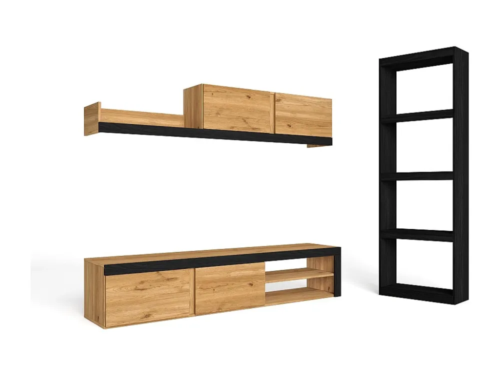 Modulaire woonkamer set, IDEM- en totem -model, 200x40x180cm / 60x25x181cm, Tv -meubels en plank, Eik en zwart, Industriël...