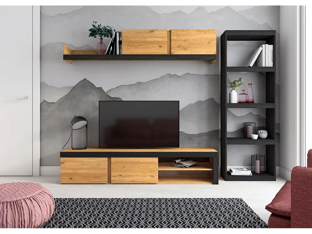 Modulaire woonkamer set, IDEM- en totem -model, 200x40x180cm / 60x25x181cm, Tv -meubels en plank, Eik en zwart, Industriël...