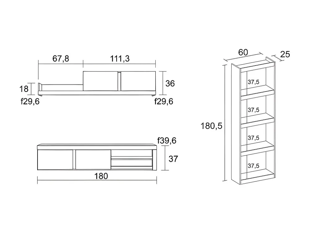 Modulaire woonkamer set, IDEM- en totem -model, 200x40x180cm / 60x25x181cm, Tv -meubels en plank, Eik en zwart, Industriël...