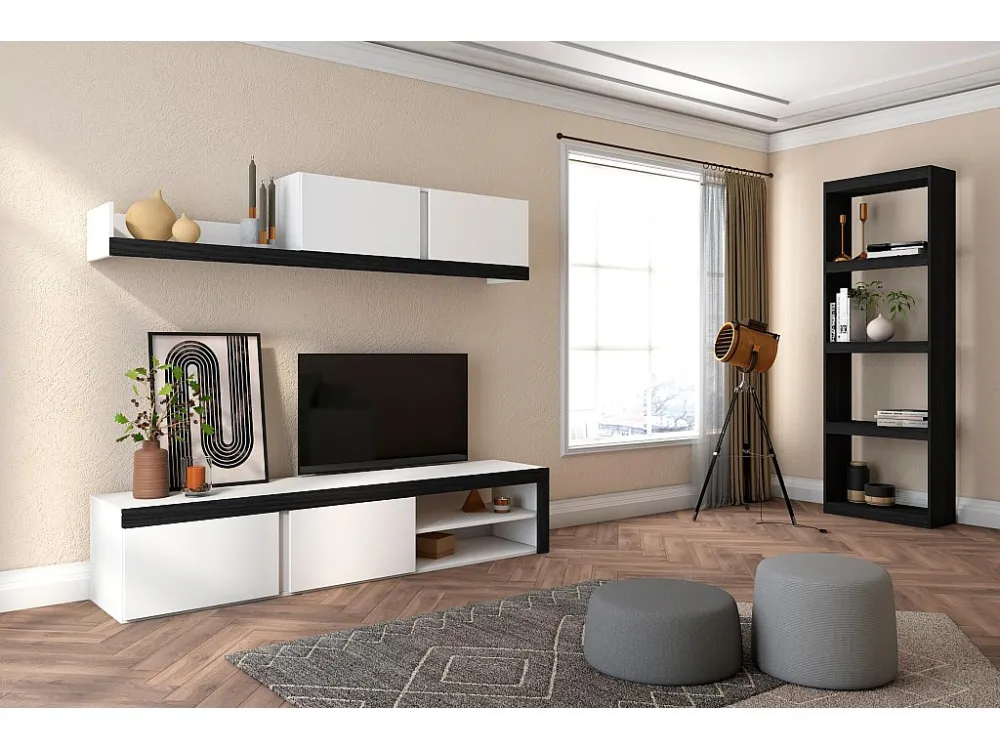 Modulaire woonkamer set, IDEM- en totem -model, 200x40x180cm / 60x25x181cm, Tv -meubels en plank, Zwart en wit, Industriël...