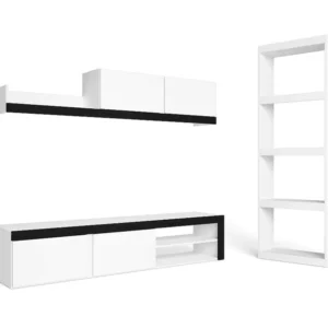 Modulaire woonkamer set, IDEM- en totem -model, 200x40x180cm / 60x25x181cm, Tv -meubels en plank, Zwart en wit, Industriël...