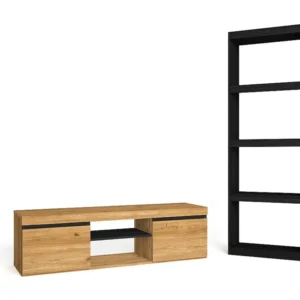 Modulaire woonkamer set, Natuur- en totem -model, 140x40x41cm / 60x25x181cm, Tv -meubels en plank, Eik en zwart, Industrië...