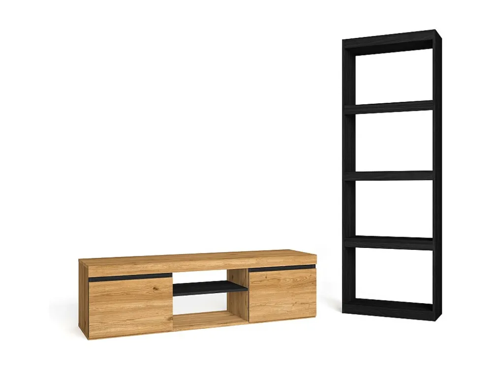 Modulaire woonkamer set, Natuur- en totem -model, 140x40x41cm / 60x25x181cm, Tv -meubels en plank, Eik en zwart, Industrië...