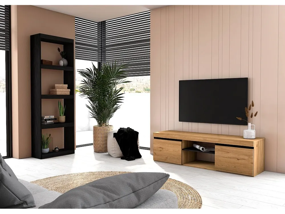 Modulaire woonkamer set, Natuur- en totem -model, 140x40x41cm / 60x25x181cm, Tv -meubels en plank, Eik en zwart, Industrië...