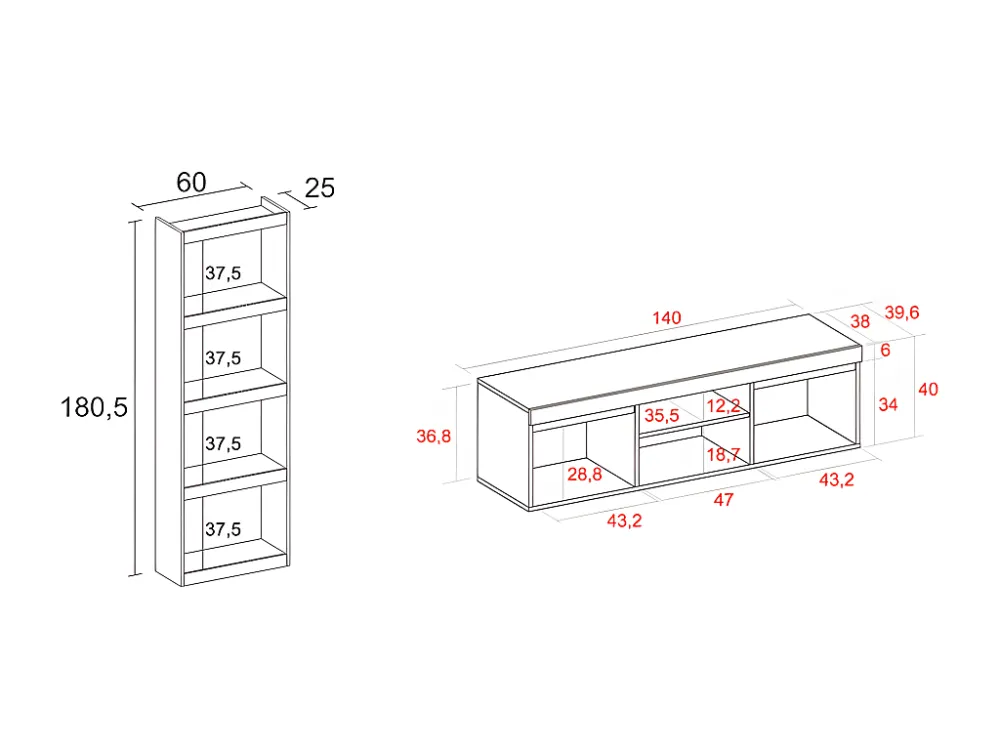Modulaire woonkamer set, Natuur- en totem -model, 140x40x41cm / 60x25x181cm, Tv -meubels en plank, Eik en zwart, Industrië...