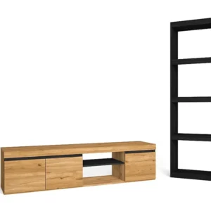 Modulaire woonkamer set, Natuur- en totem -model, 160x40x41cm / 60x25x181cm, Tv -meubels en plank, Eik en zwart, Industrië...