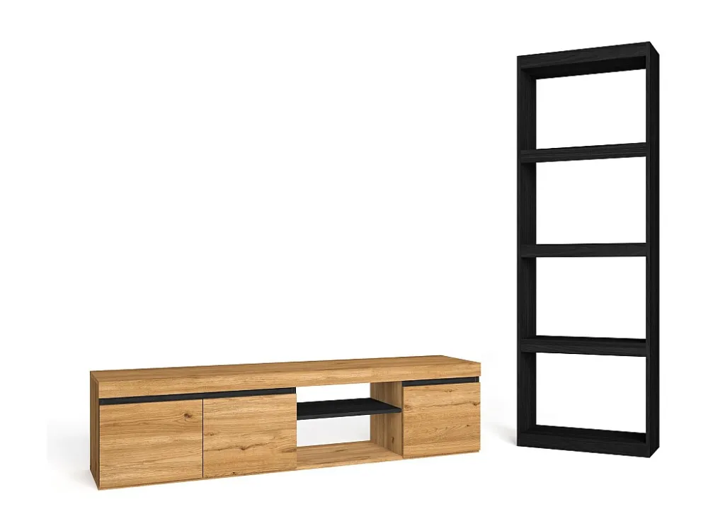 Modulaire woonkamer set, Natuur- en totem -model, 160x40x41cm / 60x25x181cm, Tv -meubels en plank, Eik en zwart, Industrië...