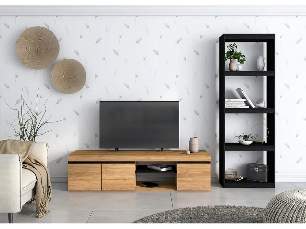 Modulaire woonkamer set, Natuur- en totem -model, 160x40x41cm / 60x25x181cm, Tv -meubels en plank, Eik en zwart, Industrië...