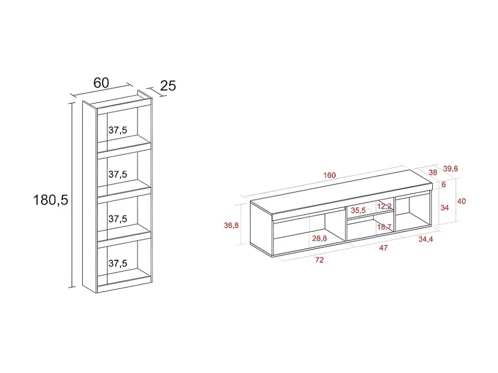 Modulaire woonkamer set, Natuur- en totem -model, 160x40x41cm / 60x25x181cm, Tv -meubels en plank, Eik en zwart, Industrië...