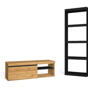 Modulaire woonkamer set, Natuur- en totem -model, 120x40x41cm / 60x25x181cm, Tv -meubels en plank, Eik en zwart, Industrië...
