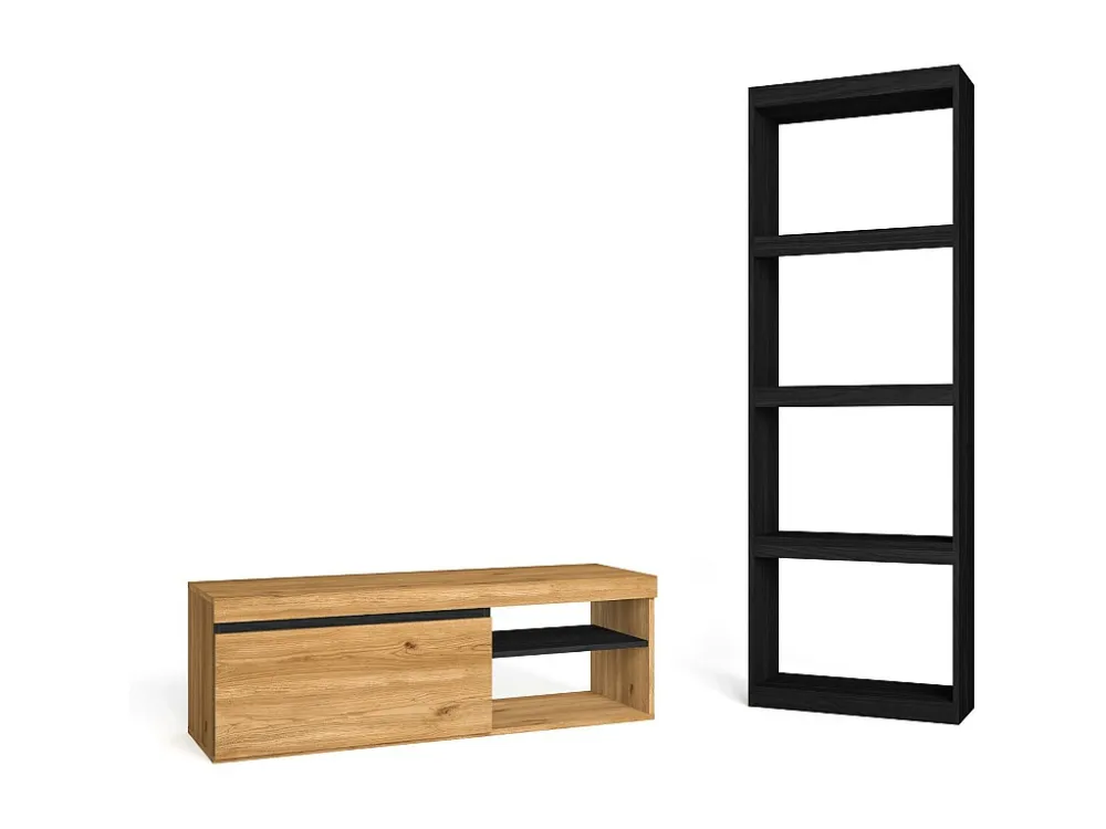 Modulaire woonkamer set, Natuur- en totem -model, 120x40x41cm / 60x25x181cm, Tv -meubels en plank, Eik en zwart, Industrië...
