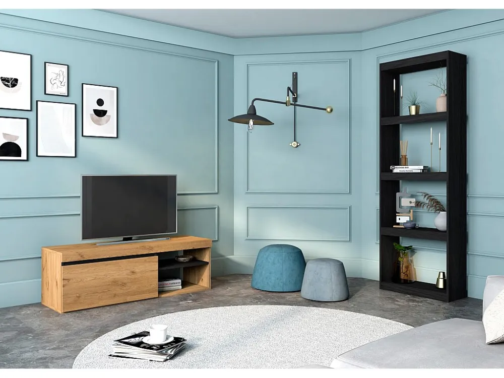 Modulaire woonkamer set, Natuur- en totem -model, 120x40x41cm / 60x25x181cm, Tv -meubels en plank, Eik en zwart, Industrië...