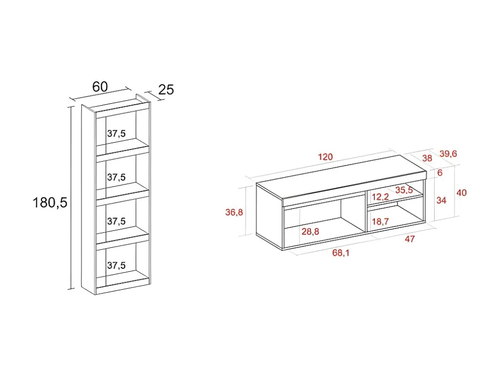 Modulaire woonkamer set, Natuur- en totem -model, 120x40x41cm / 60x25x181cm, Tv -meubels en plank, Eik en zwart, Industrië...