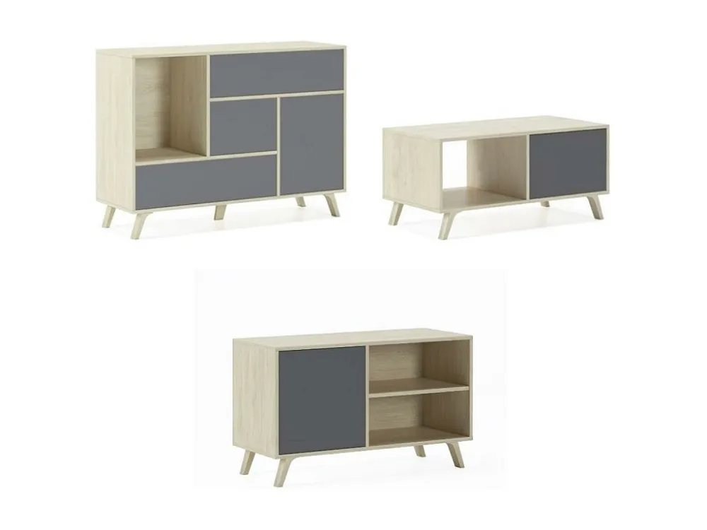 Modulaire woonkamer set, Windmodel, 120x40x86cm / 95x40x57 cm / 92x50x45cm, 1 buffet, 1 mueble tv en 1 middentabel, Eik en...