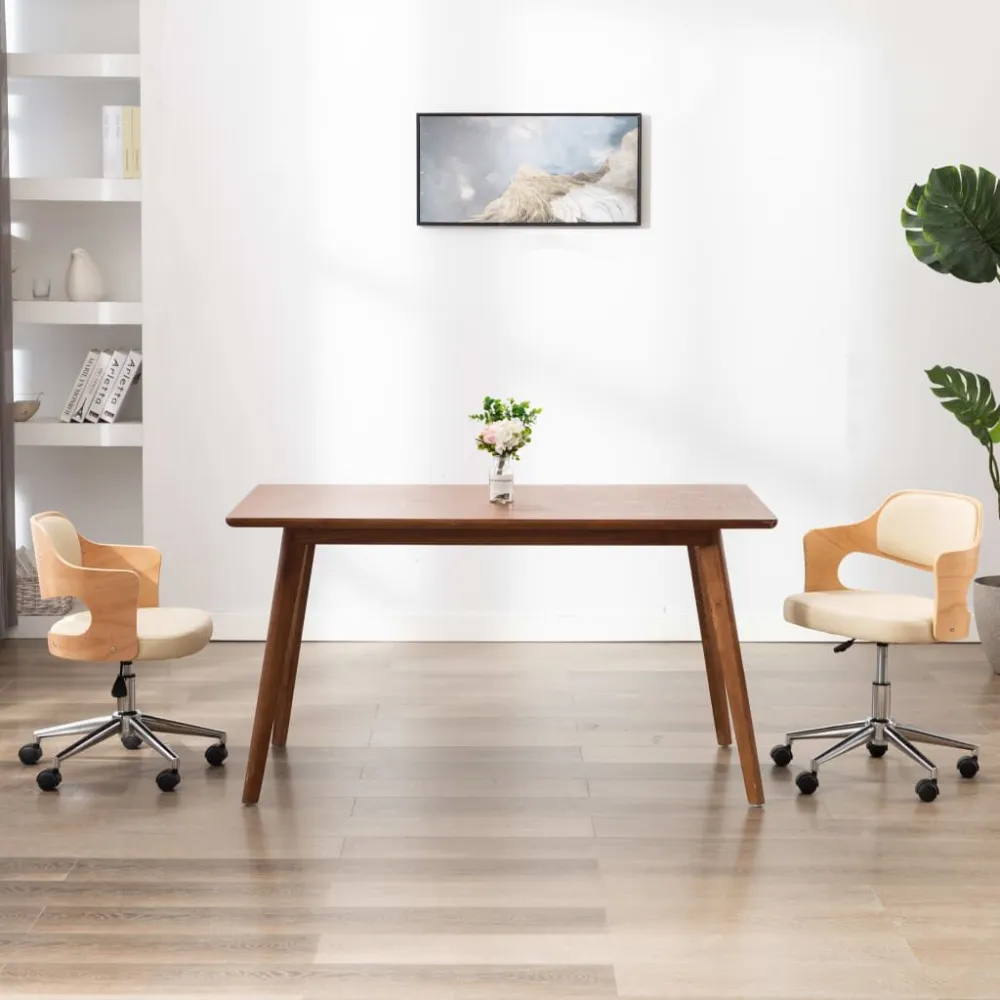 Eetkamerstoelen draaibaar 2 st gebogen hout en kunstleer crème