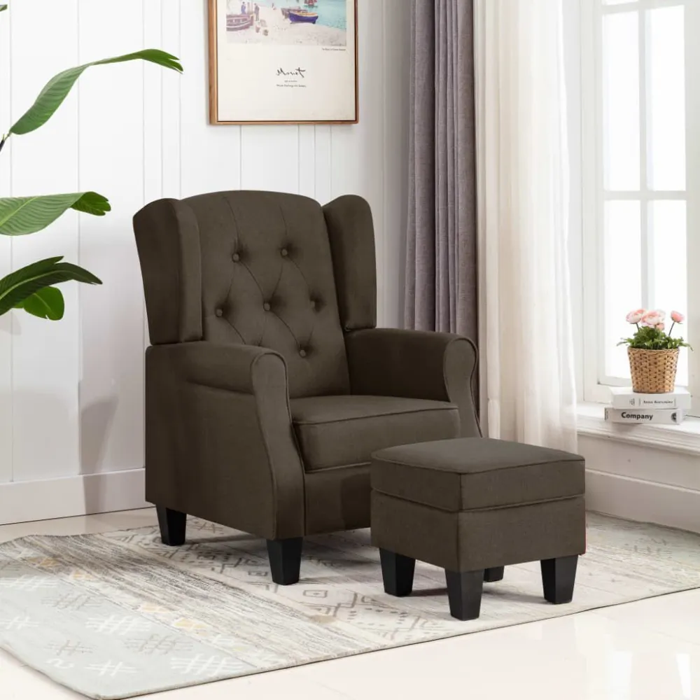 Fauteuil met voetenbankje stof bruin